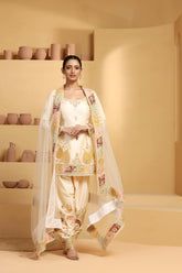 Embroidered Sequin Suit Set with Net Dupatta & Color Patch Design